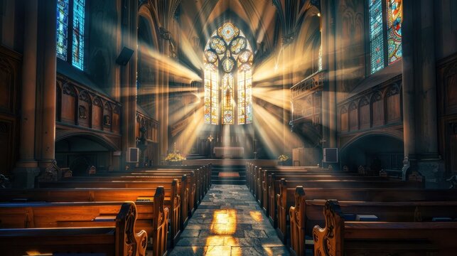 ethereal sun rays streaming through ornate church window illuminating wooden pews architectural photography