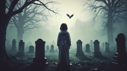 Little girl in graveyard. panic disorder, psychology, solitude, fear or mental health problems concept. Depressed Person suffering from severe fear.