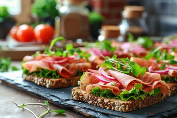 Open faced sandwiches with fresh vegetables, lettuce, and tomato on whole grain bread, food photography, healthy and delicious meal option for lunch, vibrant presentation