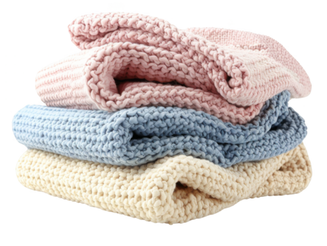 Stack of cozy knitted blankets in pastel colors, isolated white background, transparent background.