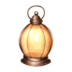 Oil lamp vintage, burning warm light. Hand drawn watercolor illustration isolated. Old fashioned kerosene lantern for hiking, camping. Clipart design elements for sticker, embroidery, invitation, card