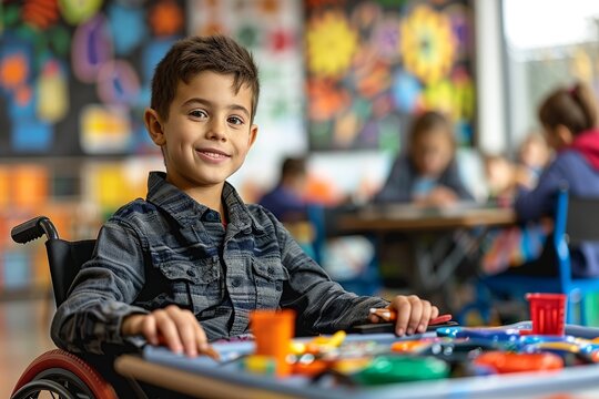 Experience the power of inclusivity as a young boy in a wheelchair actively participates in a group activity in the classroom, fostering a sense of unity, diversity