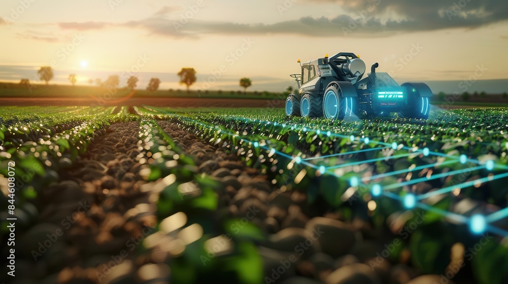 Poster futuristic robotic agriculture concept with automated machines in field ai generated artwork