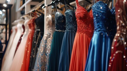 glamorous evening gowns on display in upscale boutique elegant dress rental concept