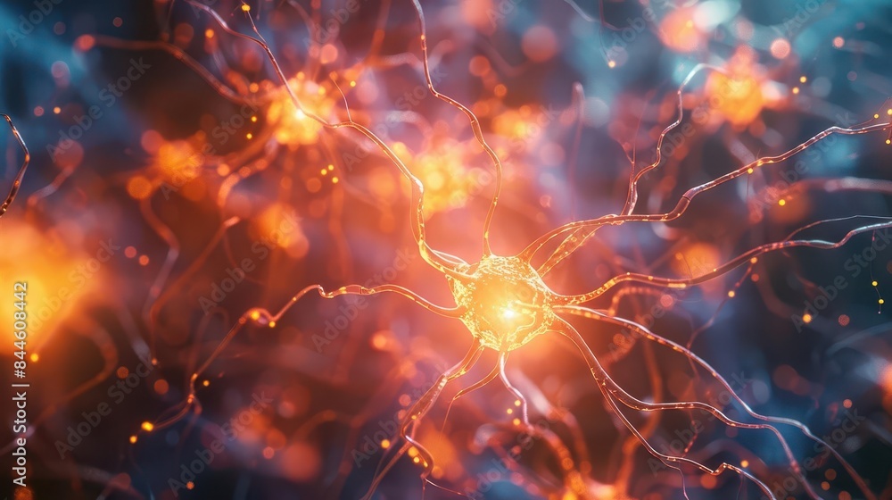 Poster glowing neuron cells of human brain 3d rendering of nerve cell network for science and medical conce