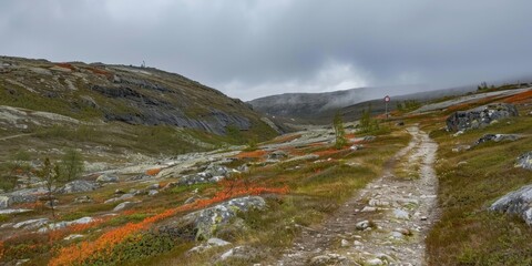 Hiking trail approaching a mountain station on a rainy day, perfect for adventure and nature photography.