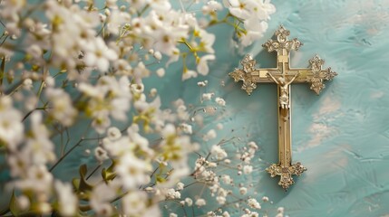 gold christianity cross with white flowers religious background copy space