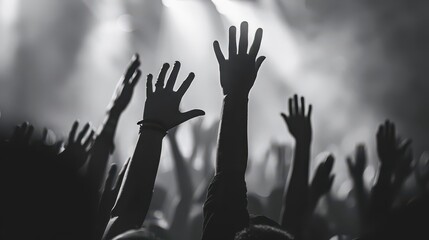 hands raised in fervent prayer during a special moment of worship at a church conference black and white banner photo