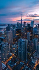 Fototapeta premium Blue Hour Aerial Drone Panorama of Downtown City