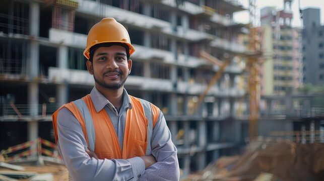 indian civil engineer overseeing construction site portrait photo