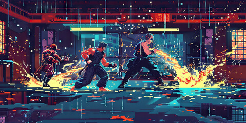 Pixel Prowess: The Art of Combat in Retro Gaming - An illustration highlighting the pixelated art style and basic combat mechanics of classic video games