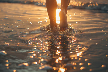 A close-up shot of a person's feet walking through shallow ocean water, with the sun creating sparkles on the surface