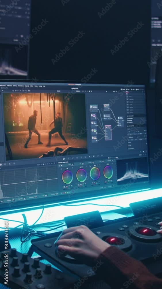 Poster female editor uses color grading control panel, edits video, makes movie color correction on compute