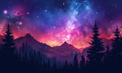 Starry night above the forest showing the milky way, colorful pink purple milky way galaxy background