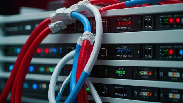 A bundle of red, white, and blue cables plugged into the front of a server rack video