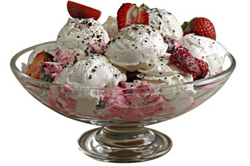 Fresh strawberry and cream dessert with chocolate drizzle, served in a glass bowl, food photography, delicious and indulgent dessert option, perfect for any occasion