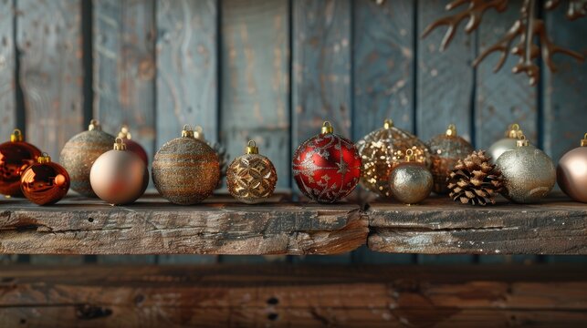 Festive ornaments displayed on wooden planks