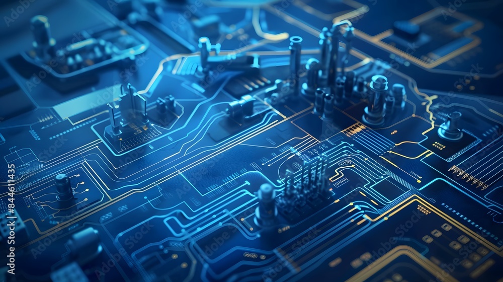Poster a close up of a computer chip with a blue and orange color scheme. concept of technology and innovat