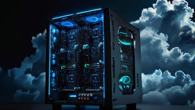 A black tower computer case with blue lights inside sits on a smoky, cloudy background video