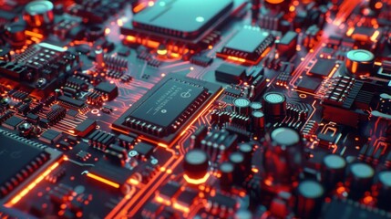 Fototapeta premium Futuristic Technology Concept with Computer Components on Motherboard in Hyperrealistic Style Featuring Dynamic Lighting and Shadows