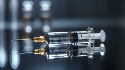 Close-up of medical syringes on a reflective surface  