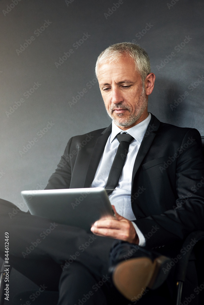Poster man, tablet and research on studio background for business, reading for financial project or crypto.
