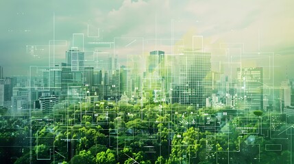 a futuristic cityscape overlaid with a digital foliage index map, highlighting areas of dense greenery and vegetation to showcase urban green spaces and monitor environmental health and sustainability