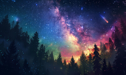 Starry clear night sky. Mixed media, Silhouette Trees Against Sky At Night with colorful galaxy in background