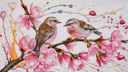 Whimsical Birds Among Cherry Blossoms
