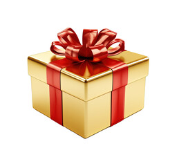 golden gift box with red ribbon isolated on white,