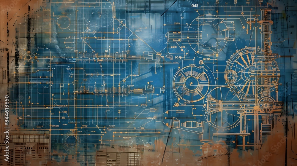 Poster a blue and white drawing of a circuit board. the drawing is very detailed and shows the various comp