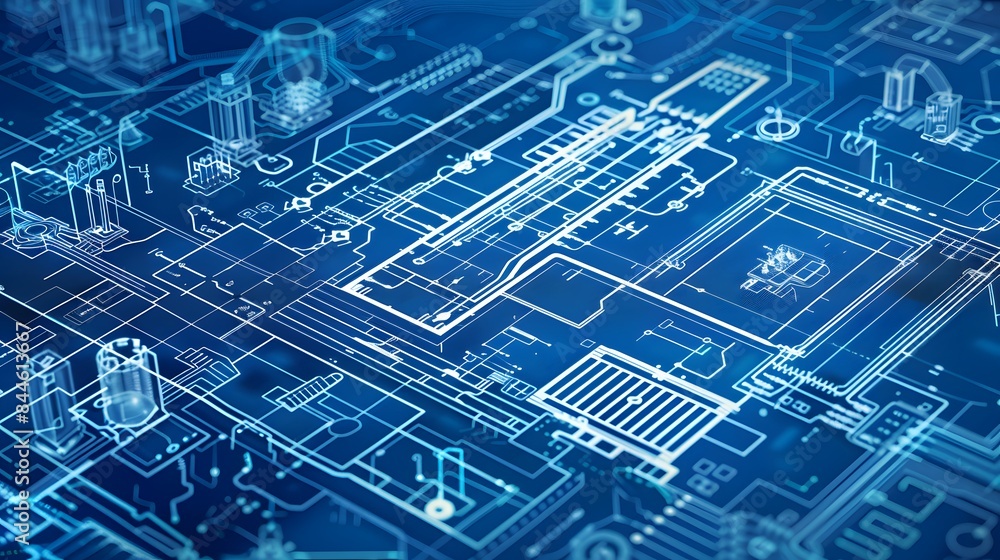 Poster a blue and white drawing of a circuit board. the drawing is very detailed and shows the various comp