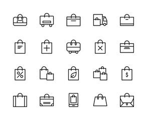 Shopping bag vector linear icons set. Contains such icons as eco-bag, online shopping, handbag, bag with handles, sales and more.