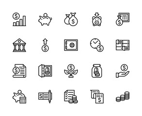 Money savings and finance vector linear icons set. Contains such icons as financial growth, currency, coin, money box and more.