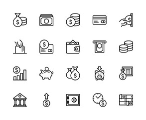 Money savings and finance vector linear icons set. Contains such icons as money, bag, dollar, currency, coins and more.