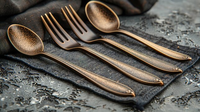 Elegant Bronze Cutlery Set on Dark Textured Background