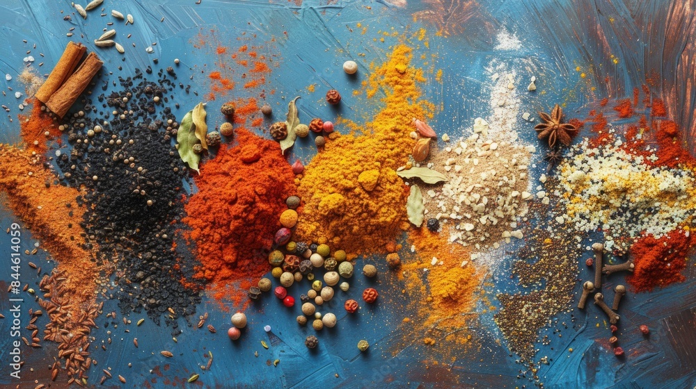 Poster top view of assorted colorful spices spread on a blue surface. vibrant composition with various text