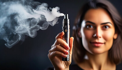 Fototapeta premium Extreme close-up of a young woman looking at the camera holding an electronic cigarette in her hand, on dark background with smoke and copy space. Vape concept. Generative Ai.