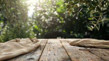 Natural wooden table and organic cloth with olive tree plant. Product placement mockup design background. Outdoor tropical summer