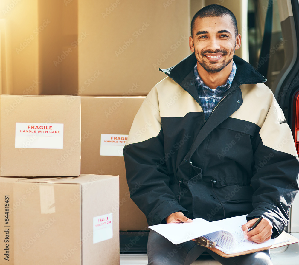 Poster smile, delivery man and clipboard in portrait with cardboard boxes for supply chain and shipping log