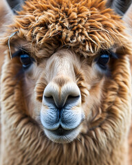 Cute lama face macro shot. Detailed close up portrait of llama fluffy head. Life of pets on farm. Banner for veterinary help. Pet care, animals concept background, poster, print, design card, flyer
