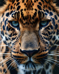 Obraz premium Leopard muzzle macro shot. Detailed close up shot of jaguar face spots texture. Wildlife in jungle. Banner for veterinary help. Pet care, animals concept background, poster, print, design card, flyer