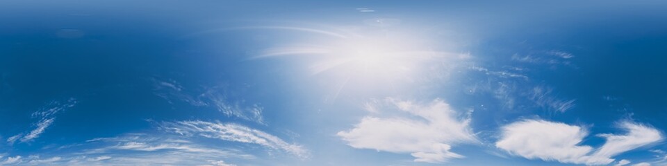 Sky 360 panorama - Bright blue sky filled with fluffy white Cirrus clouds. Seamless hdr spherical 360 panorama. Sky dome sky replacement for aerial drone 360 panoramas. Weather and climate change