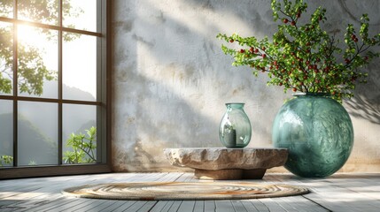 White empty concrete textured wall and podium stage background, green glass vase with plants, neutral sustainable natural brand product showcase template, mock up with copy space