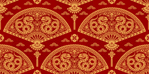 Seamless pattern happy chinese new year 2025 the snake zodiac sign with asian elements paper cut style on color background. ( Translation : happy new year 2024 year of the snake )

