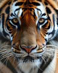 Fototapeta premium Tiger muzzle macro shot. Detailed close up shot of striped wildcat face texture. Wildlife in jungle. Banner for veterinary help. Pet care, animals concept background, poster, print, design card, flyer