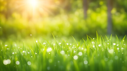 Beautiful  green grass blur bokeh nature background, Natural green leaves using as cover page greenery environment ecology background