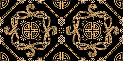 Seamless pattern happy chinese new year 2025 the snake zodiac sign with asian elements paper cut style on color background. ( Translation : happy new year 2024 year of the snake )
