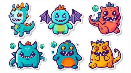 Obraz premium stickers with children's funny colorful monsters uncut on a white background.
