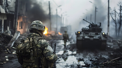  A Ukrainian soldier stands in the middle of an urban street, with tanks and military vehicles behind him. The scene is set during war, with smoke rising from distant explosions.